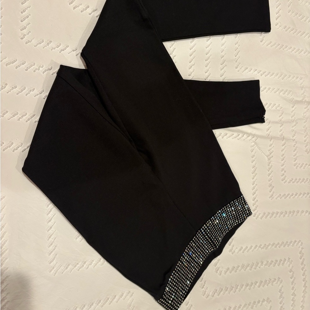 Black Rhinestone Hem Leggings